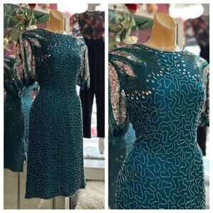 Laurence Kazar Teal and Silver Sequin Knee Length Dress